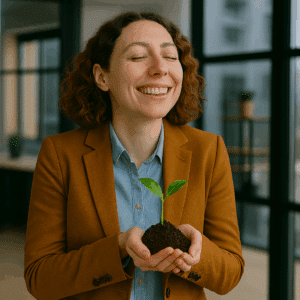 Jeune femme tenant une pousse verte dans ses mains, dans des locaux d'entreprise. Image générée par l'intelligence artificielle.