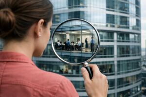 Jeune femme tenant une loupe dirigée vers des bureaux d'entreprise. Image générée par l'intelligence artificielle.